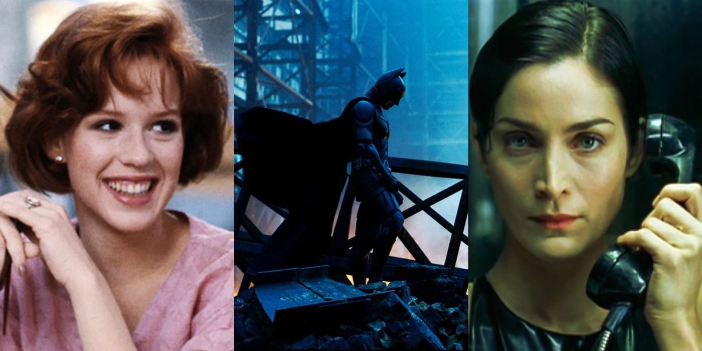 Split image of Claire in The Breakfast Club, Batman in The Dark Knight, and Trinity in The Matrix
