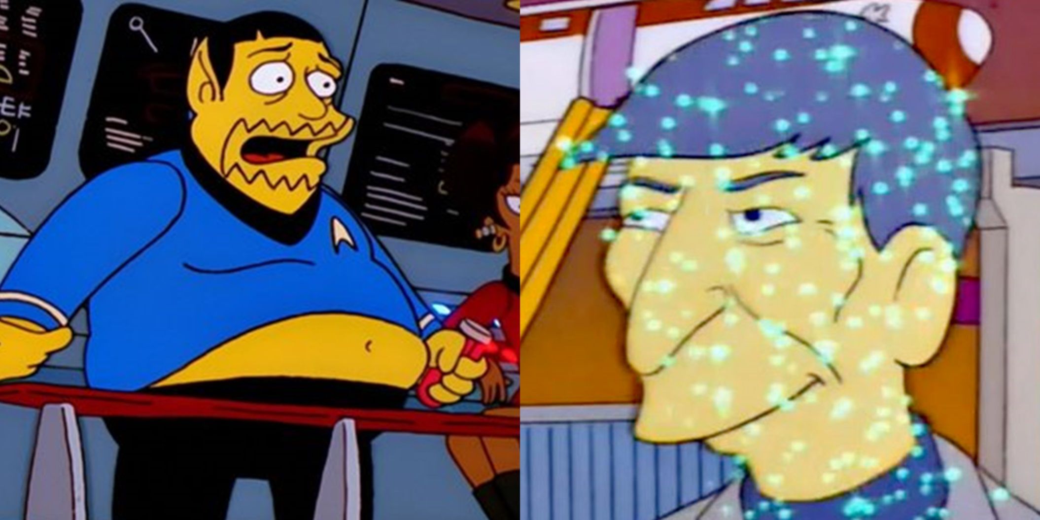 Split image of Comic Book Guy as Spock and Leonard Nimoy being beamed away in The Simpsons