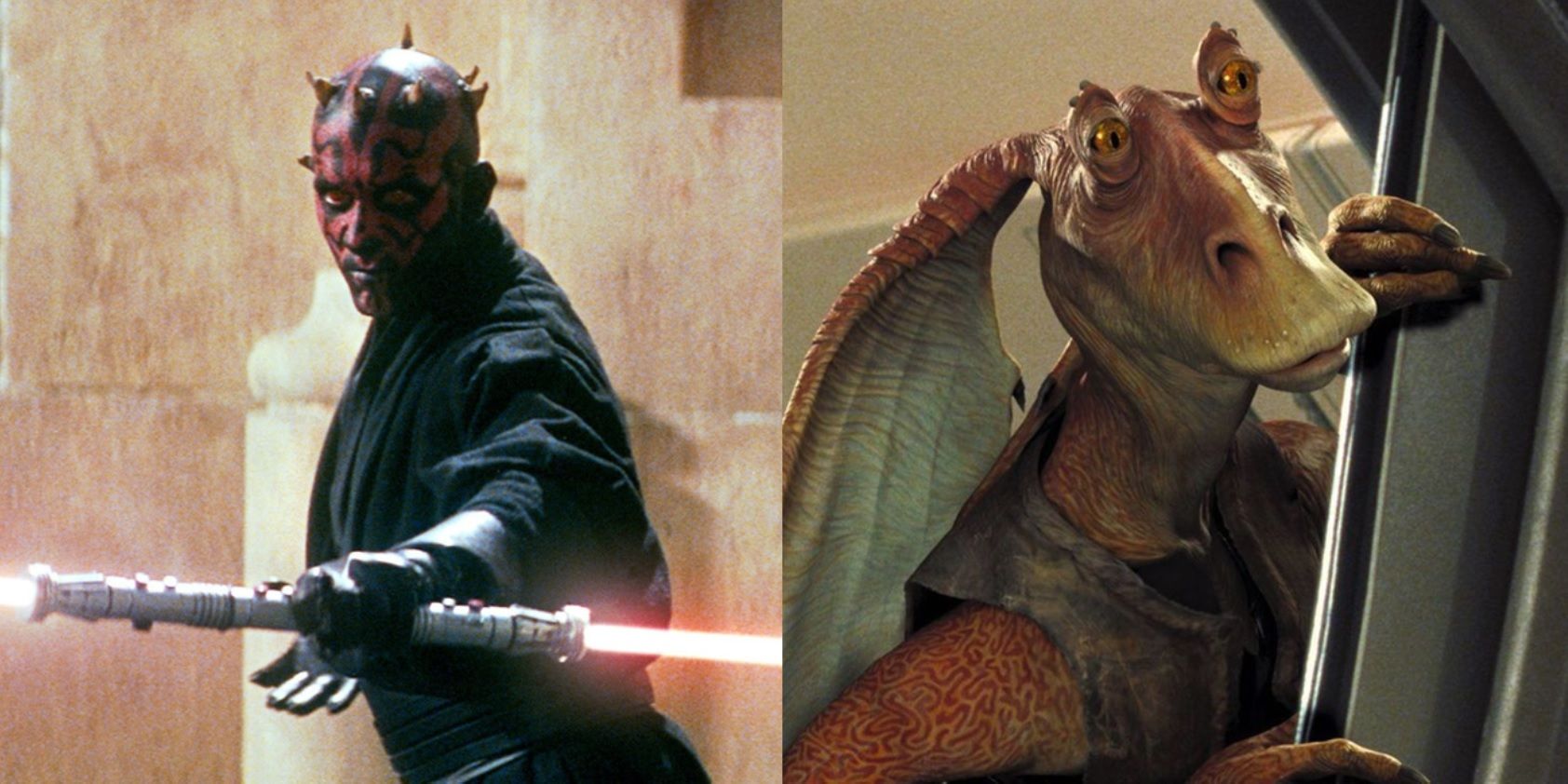 Split image of Darth Maul with a lightsaber and Jar Jar looking around a corner in The Phantom Menace
