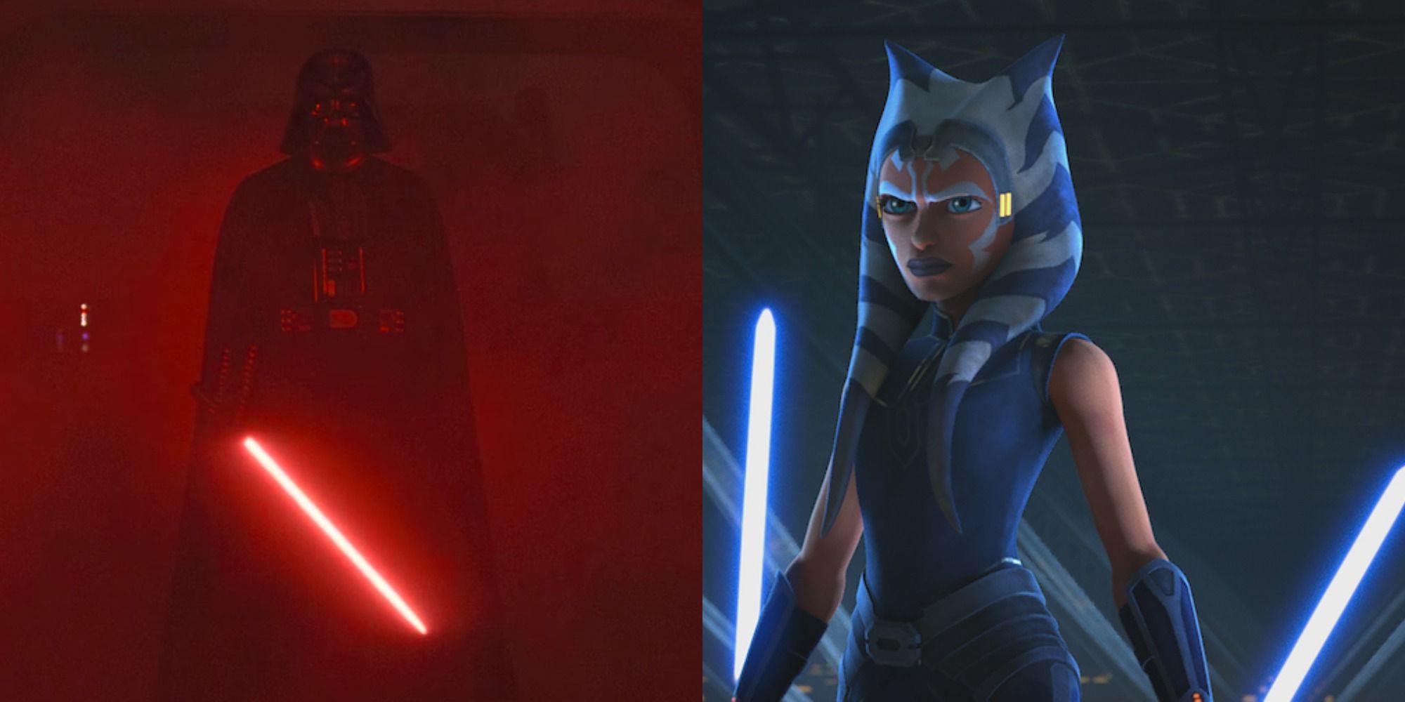 Split image of Darth Vader standing menacingly in Rogue One and Ahsoka looking angry in Star Wars The Clone Wars