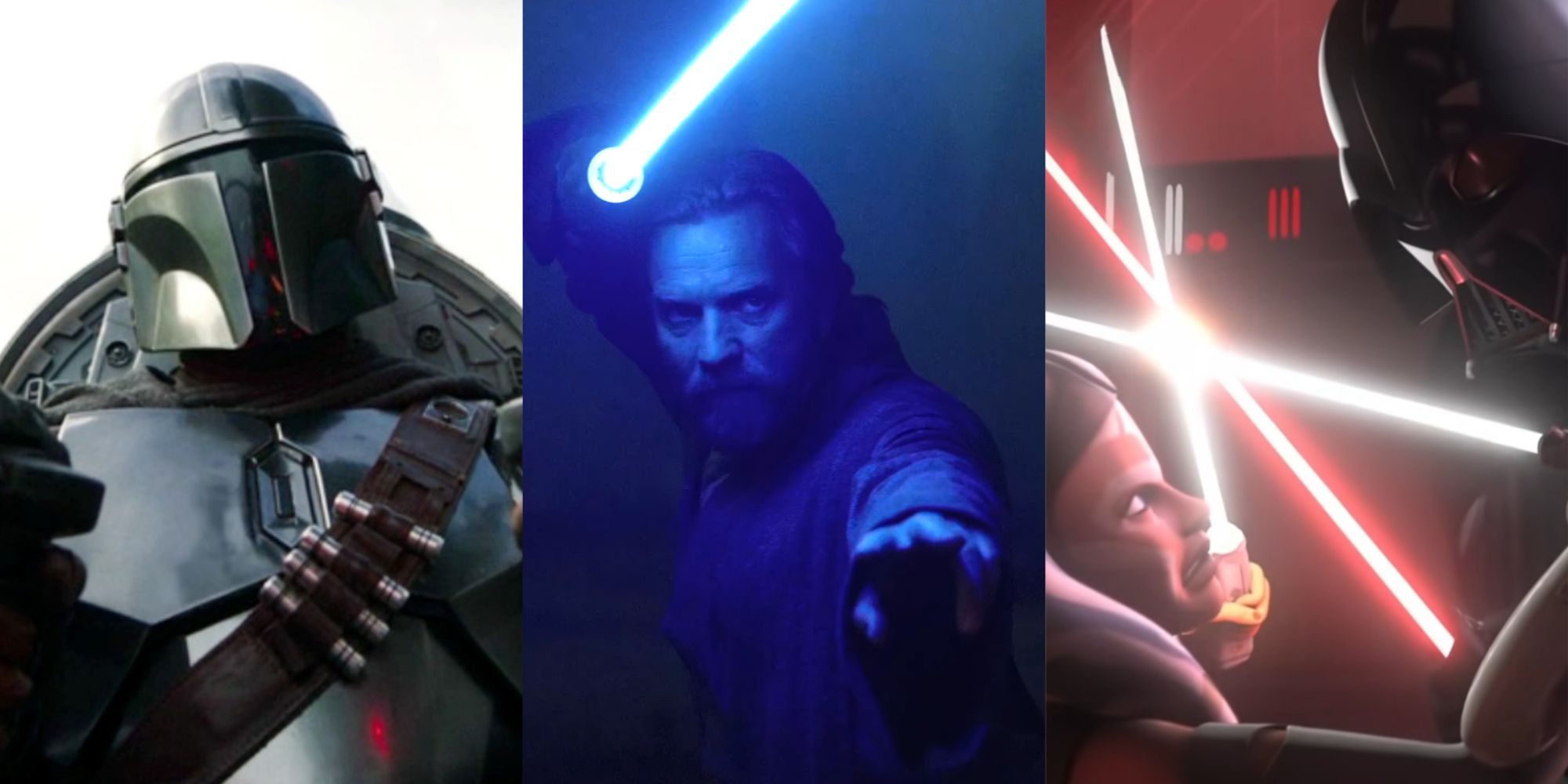 Split image of Din Djarin, Obi-Wan Kenobi, and Ahsoka fighting Darth Vader in various Star Wars shows