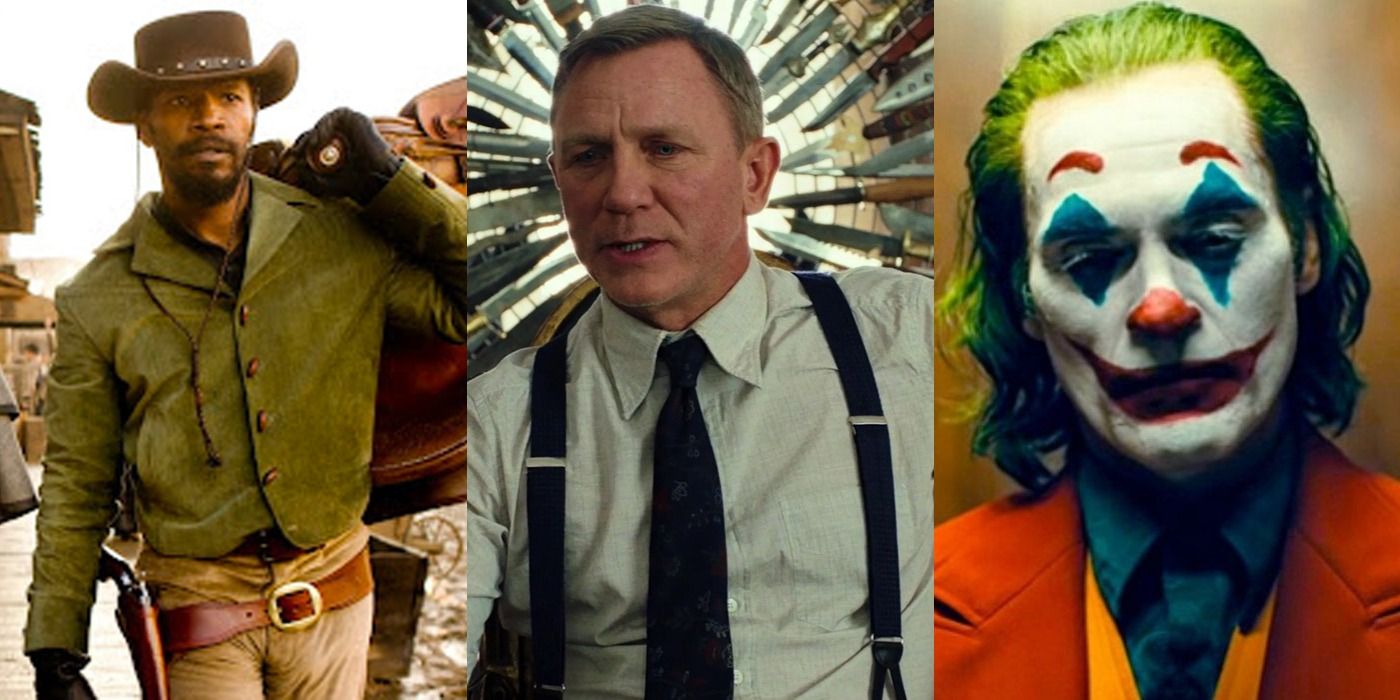 Split image of Django in Django Unchained, Benoit in Knives Out, and Arthur in Joker