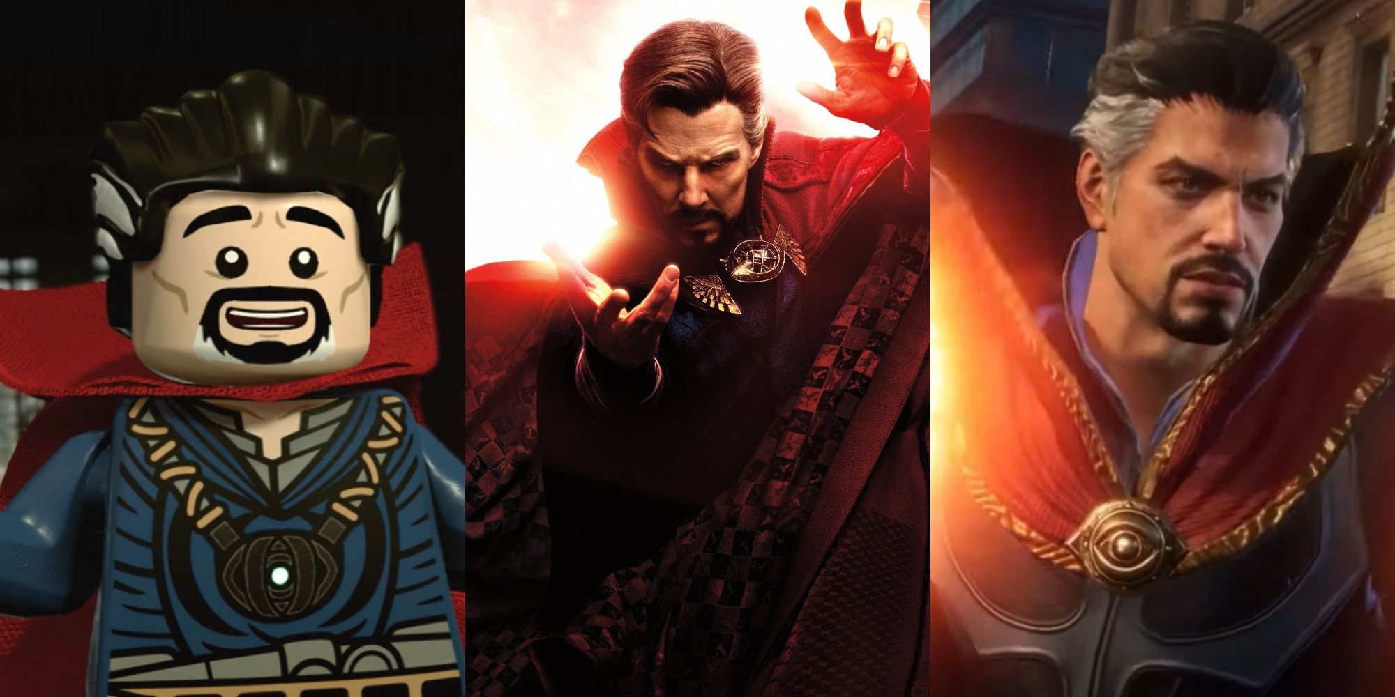 Split image of Doctor Strange in LEGO Marvel Superheroes, Doctor Strange In The Multiverse Of Madness, and Marvel Future Revolution