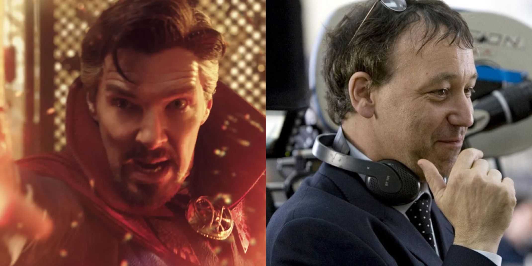 Split image of Doctor Strange using magic and Sam Raimi directing