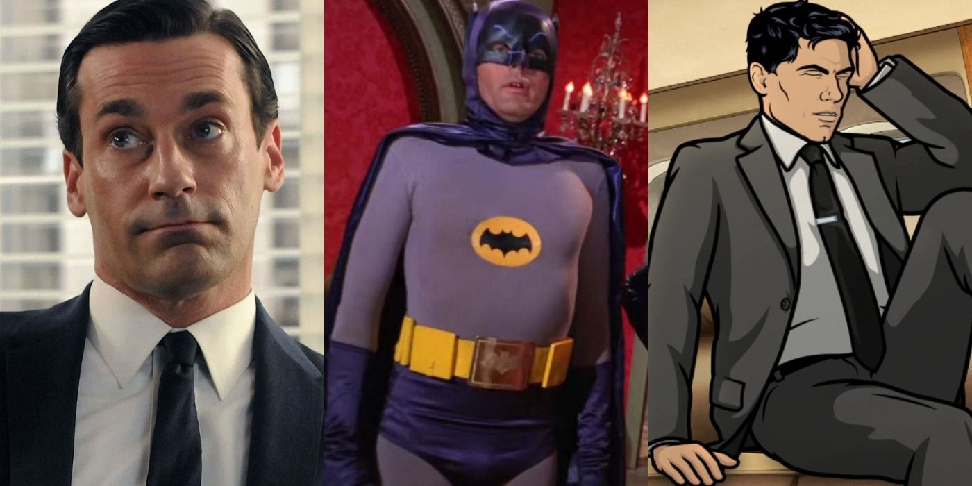 Split image of Don in Mad Men, Batman in Batman, and Archer in Archer