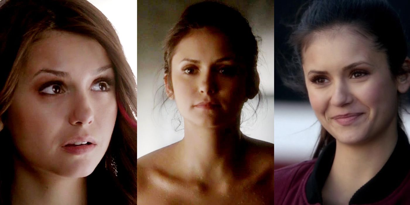 Split image of Elena Gilbert on The Vampire Diaries, she's serious on the left, looking amused in the middle and smiling in the right picture.