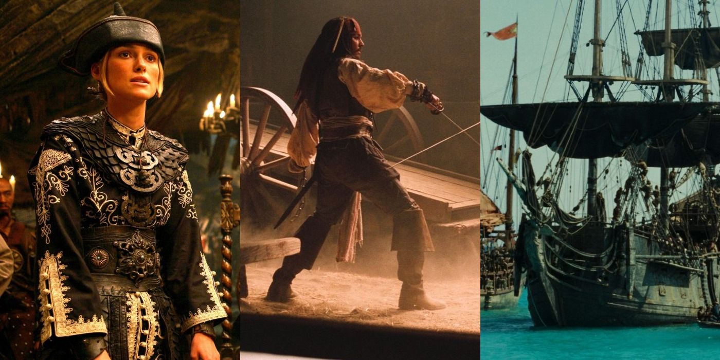 Split image of Elizabeth, Jack and Ships in Pirates of the Caribbean feature