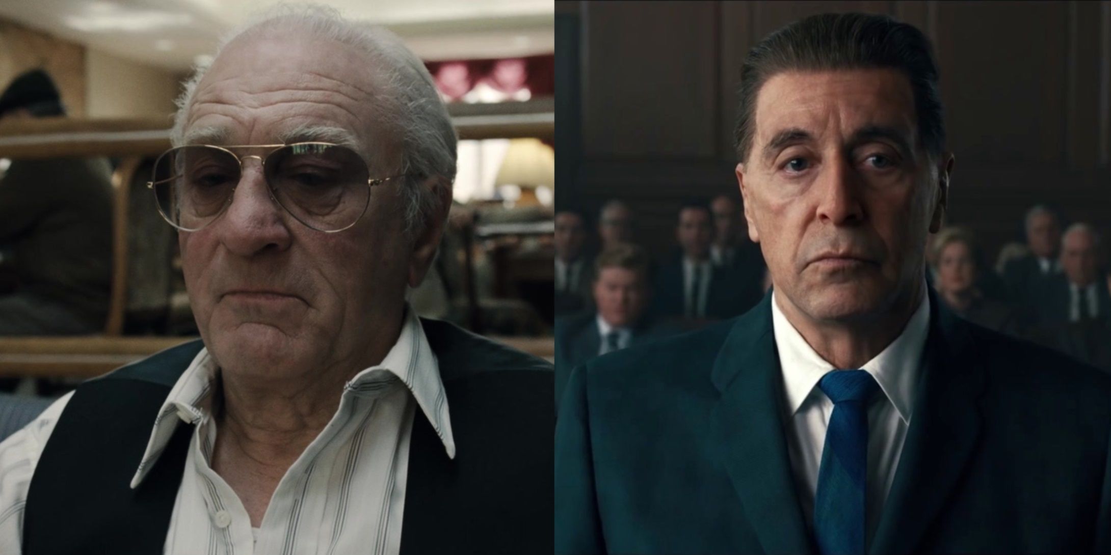 Split image of Frank in a nursing home and Jimmy in court in The Irishman