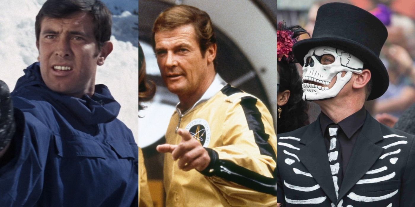 Split image of George Lazenby in On Her Majesty's Secret Service, Roger Moore in Moonraker, and Daniel Craig in Spectre