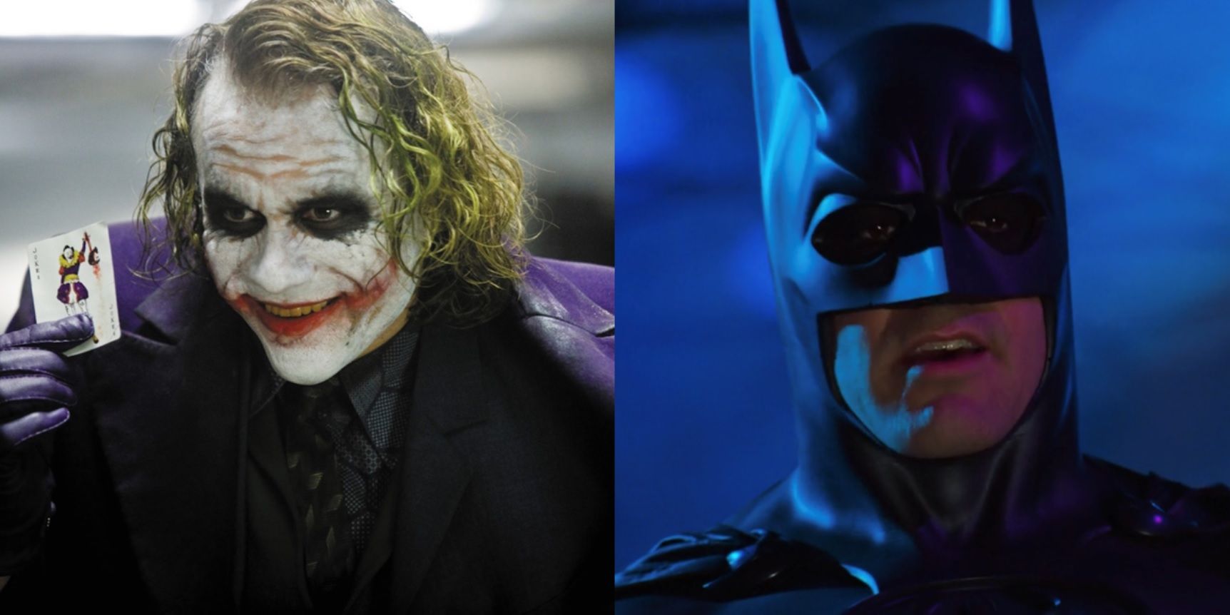 Split image of Heath Ledger as the Joker and George Clooney as Batman