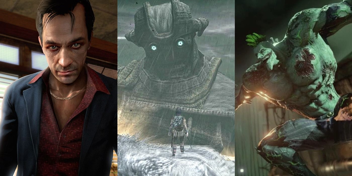 Split image of Hoyt in Far Cry 3, Malus in Shadow of the Colossus, and Joker in Batman Arkham Asylum