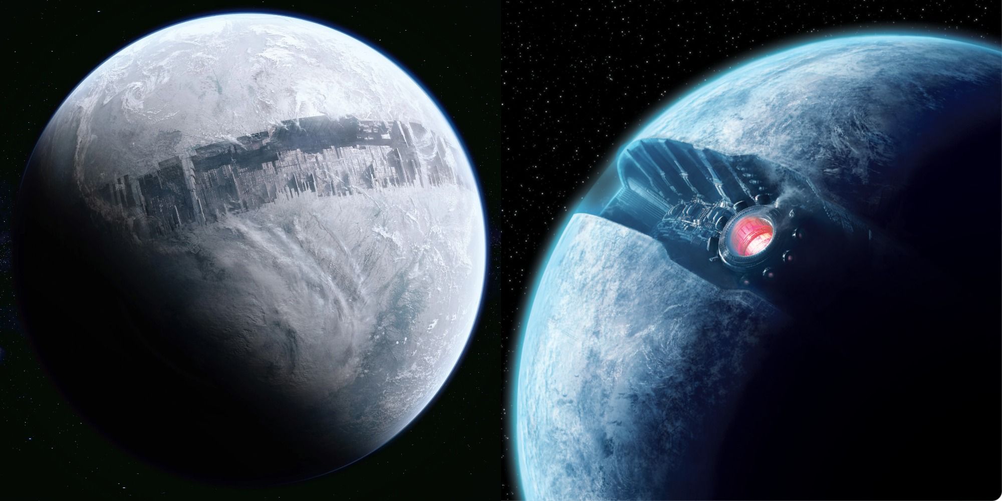Split image of Ilum in Star Wars Jedi Fallen Order and Starkiller Base in Star Wars The Force Awakens