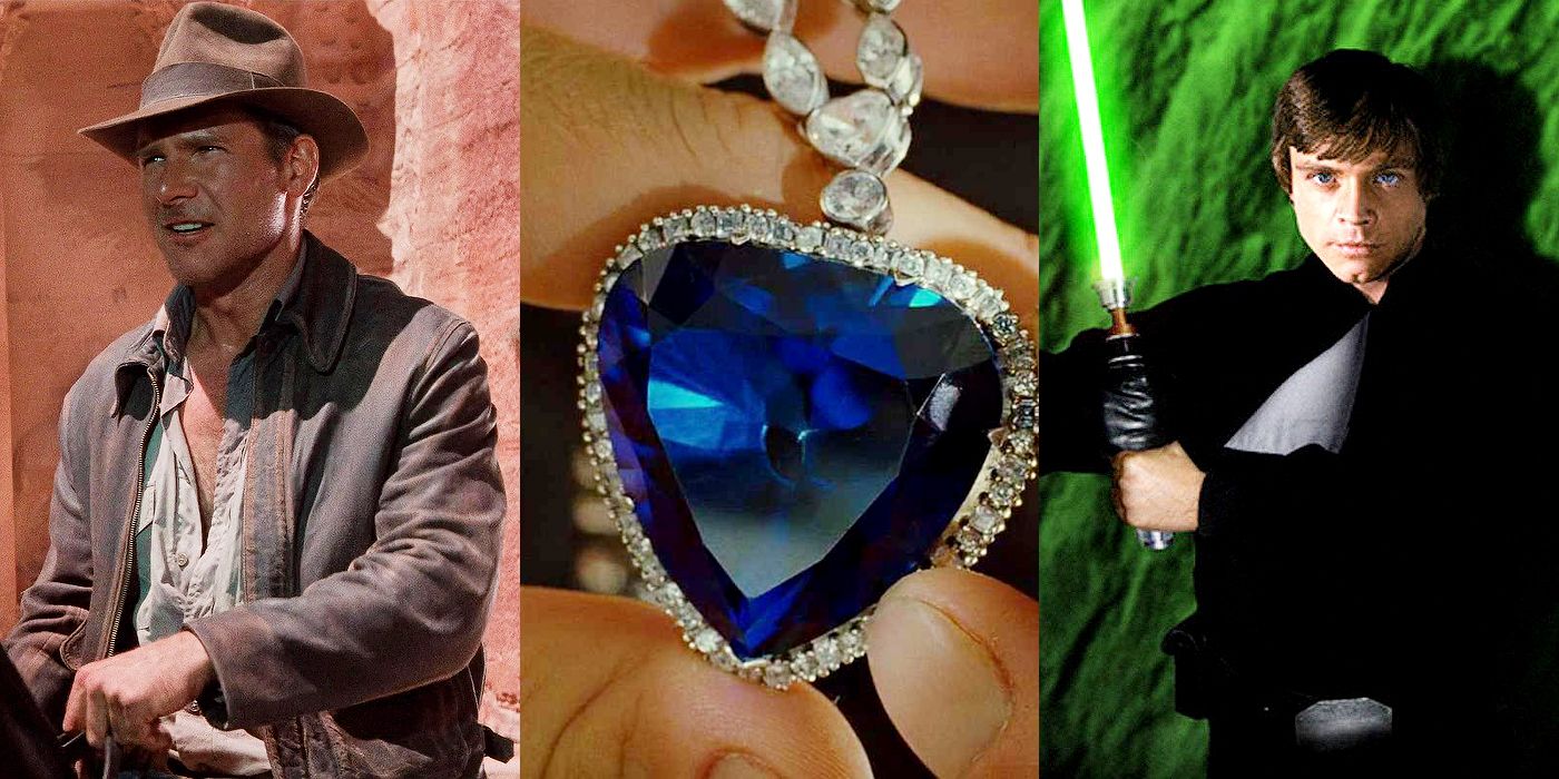 Split image of Indiana Jones with his hat, Heart Of The Ocean being held in a hand, and Luke Skywalker holding a green light saber.