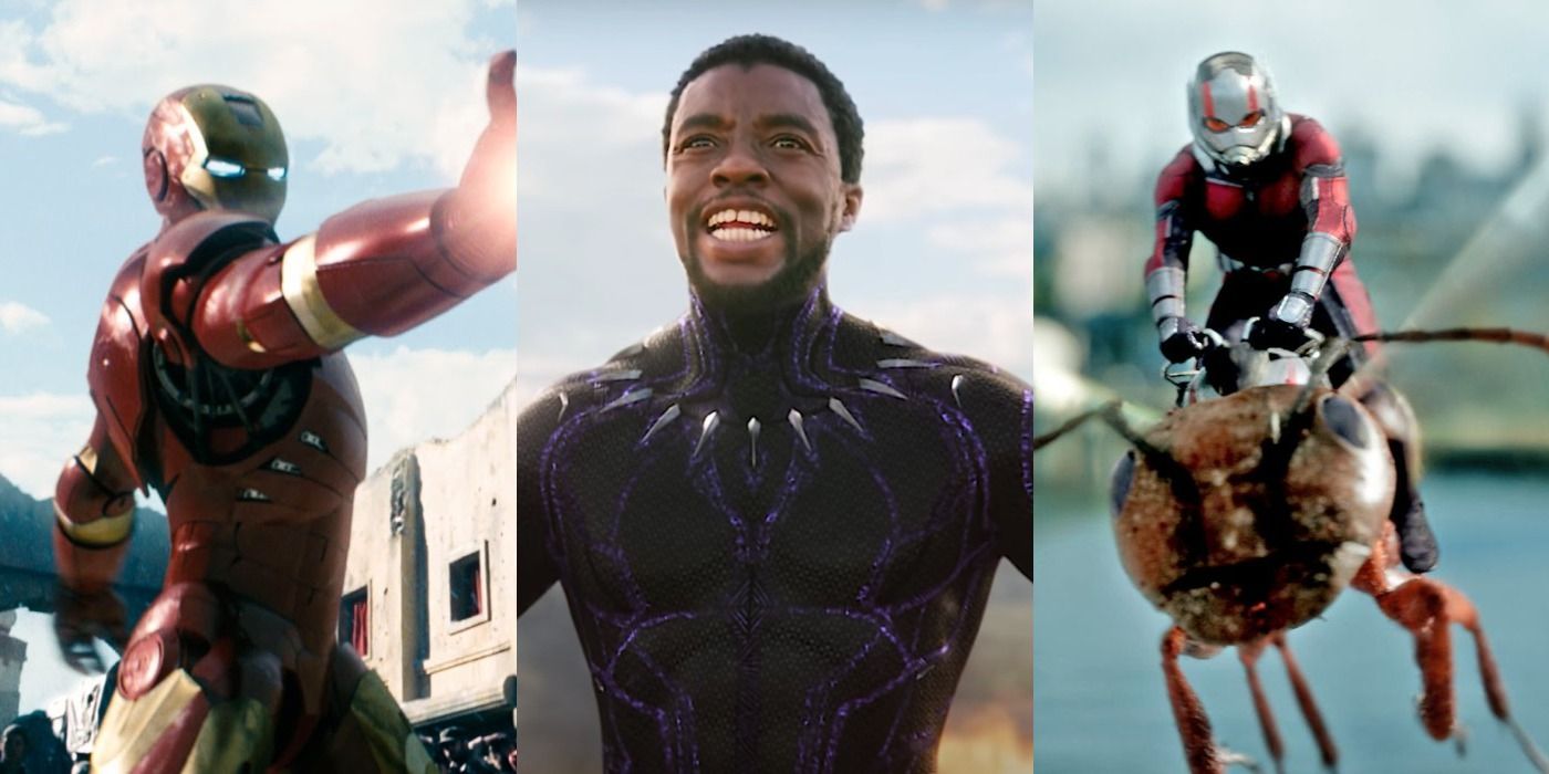 Split image of Iron Man in Iron Man, Black Panther in Black Panther, and Ant-Man in Ant-Man