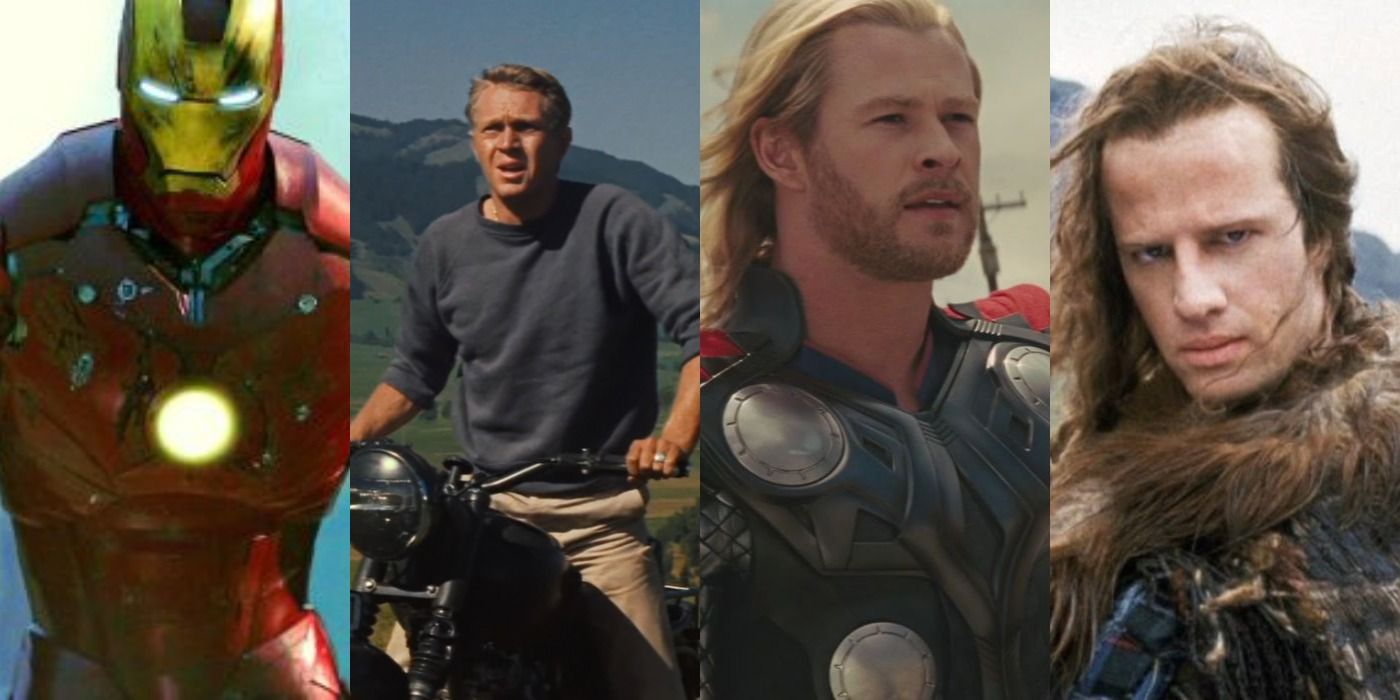 Split image of Iron Man in Iron Man, Steve McQueen in The Great Escape, Thor in Thor, and Connor MacLeod in Highlander