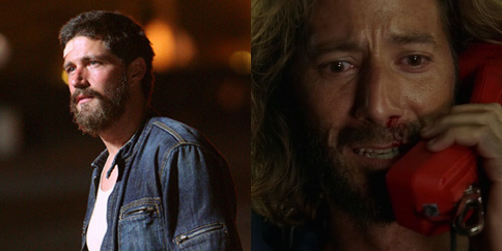 Split image of Jack looking disheveled and Desmond talking on the phone in Lost