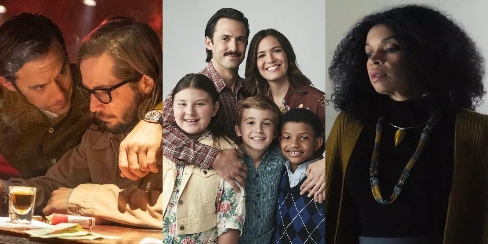 Split image of Jack and Nicky Pearson embracing, Jack and Rebecca with Kate Kevin and Randall as children, and future Beth Pearson in This Is Us