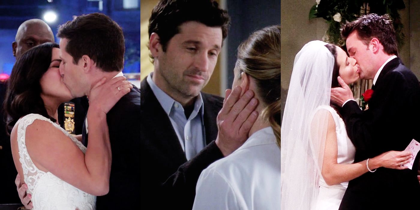 Split image of Jake and Amy kissing at their wedding, Meredith and Derek exchanging vows while his hand is on her cheek, and Monica and Chandler kissing at their wedding.
