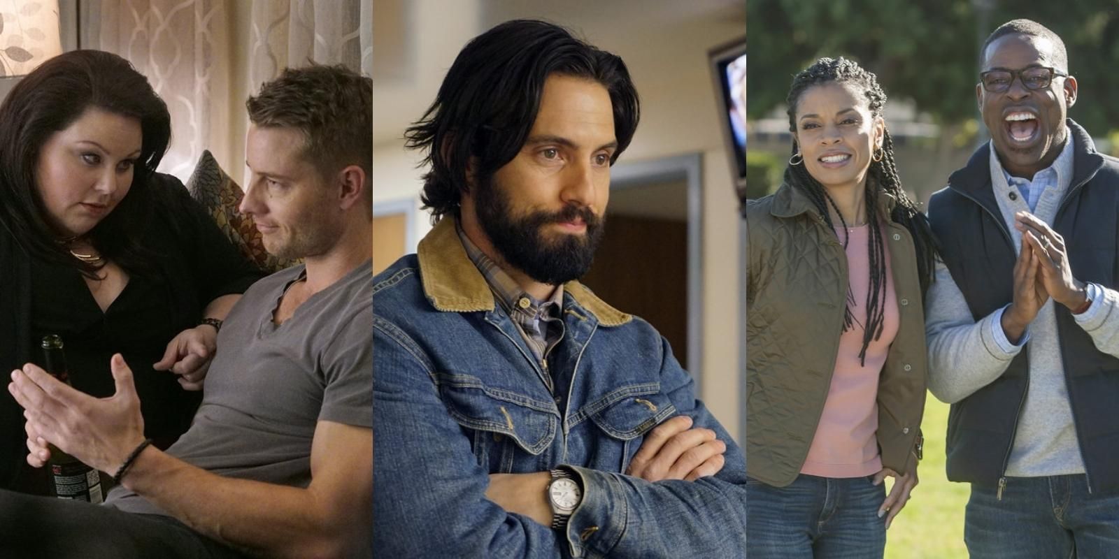 Split image of Kate Pearson, Kevin Pearson, Jack Pearson, Beth Pearson, and Randall Pearson in Pilot episode of This Is Us