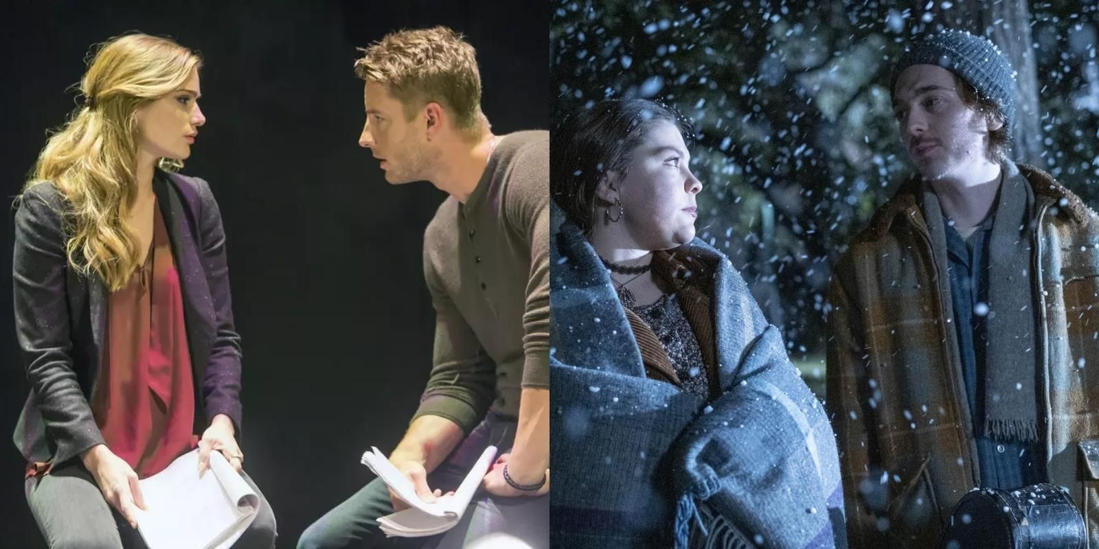 Split image of Kevin Pearson and Olivia on stage and Kate Pearson and Marc in the snow in This Is Us