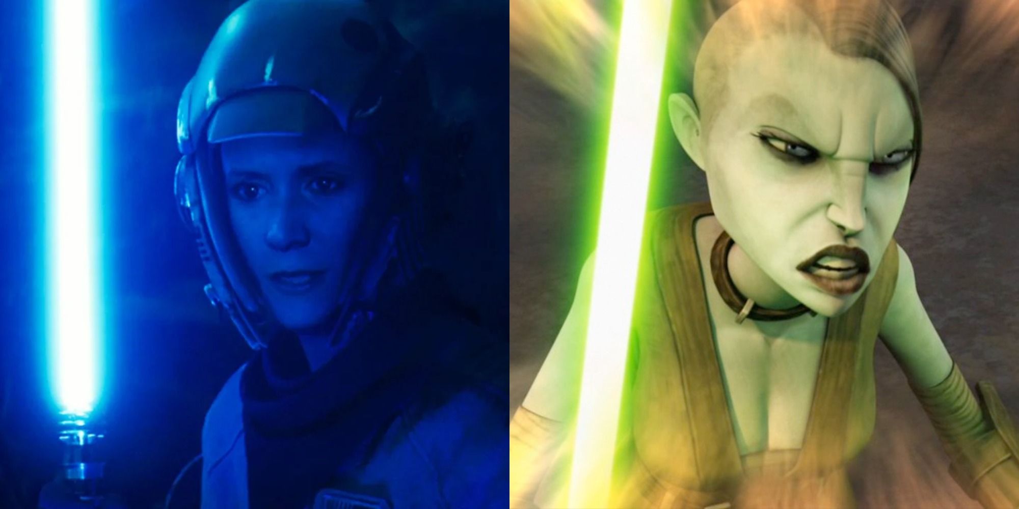 Split image of Leia flashback in The Rise of Skywalker and Asajj Ventress flashback in The Clone Wars