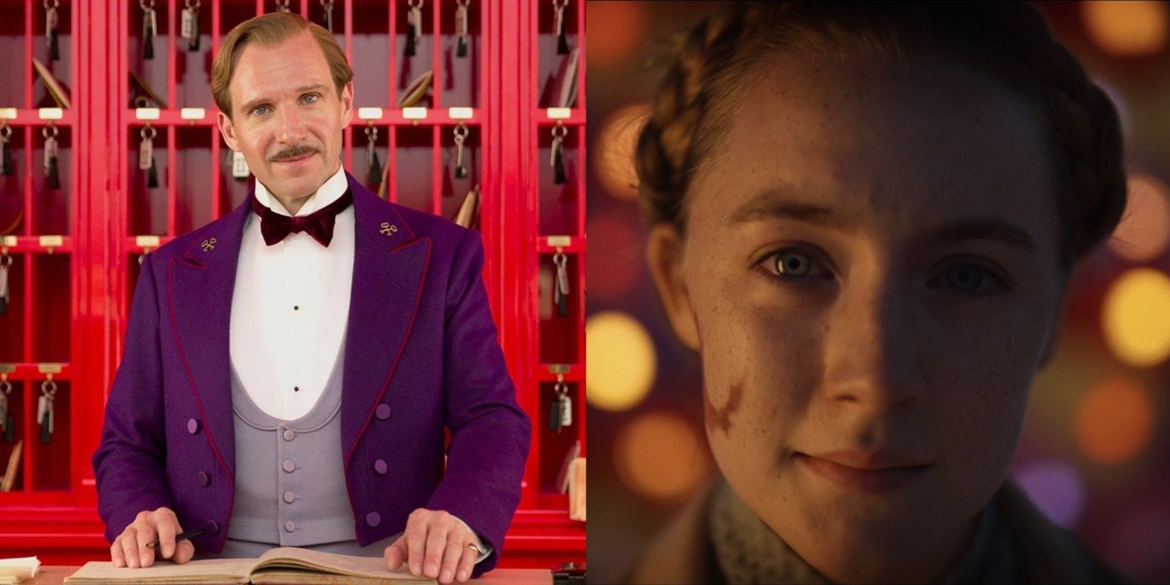 Split image of M Gustave in the lobby and Agatha at the fair in The Grand Budapest Hotel
