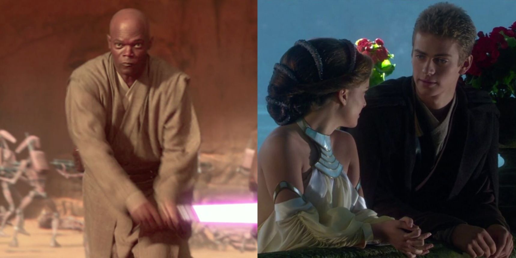 Split image of Mace Windu with a lightsaber and Anakin flirting with Padme in Attack of the Clones