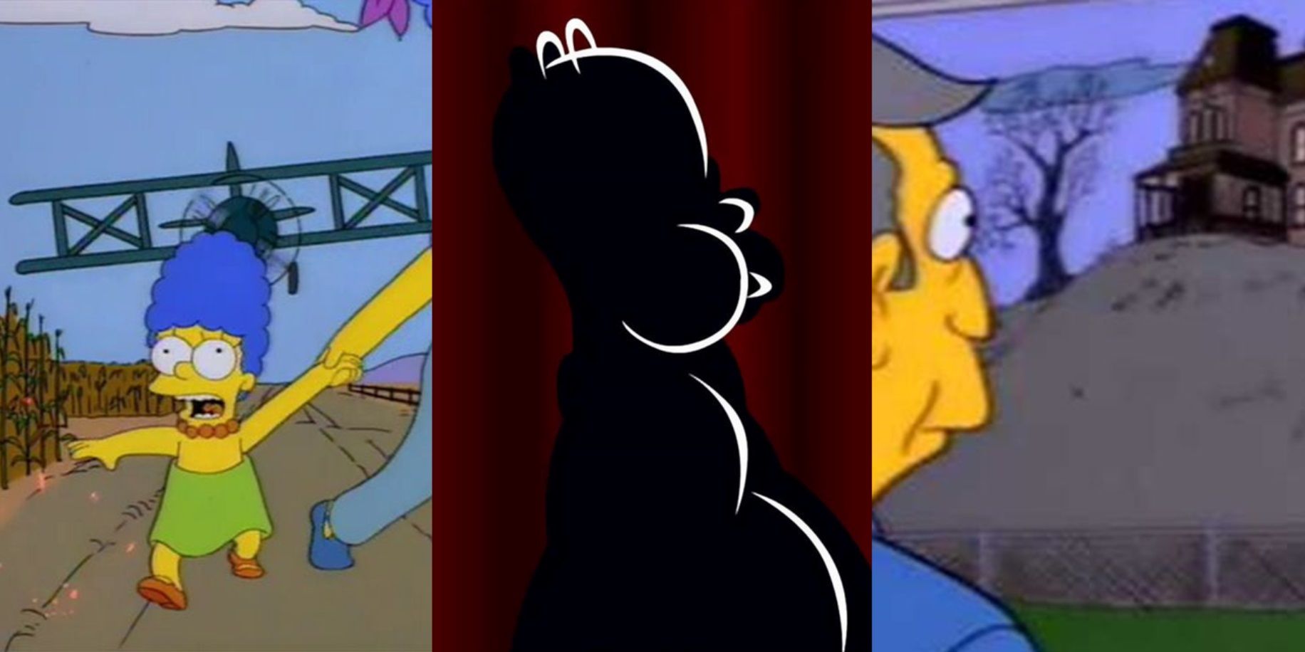 Split image of Marge in a cornfield, Homer as Hitchcock, and Skinner looking out his window in The Simpsons