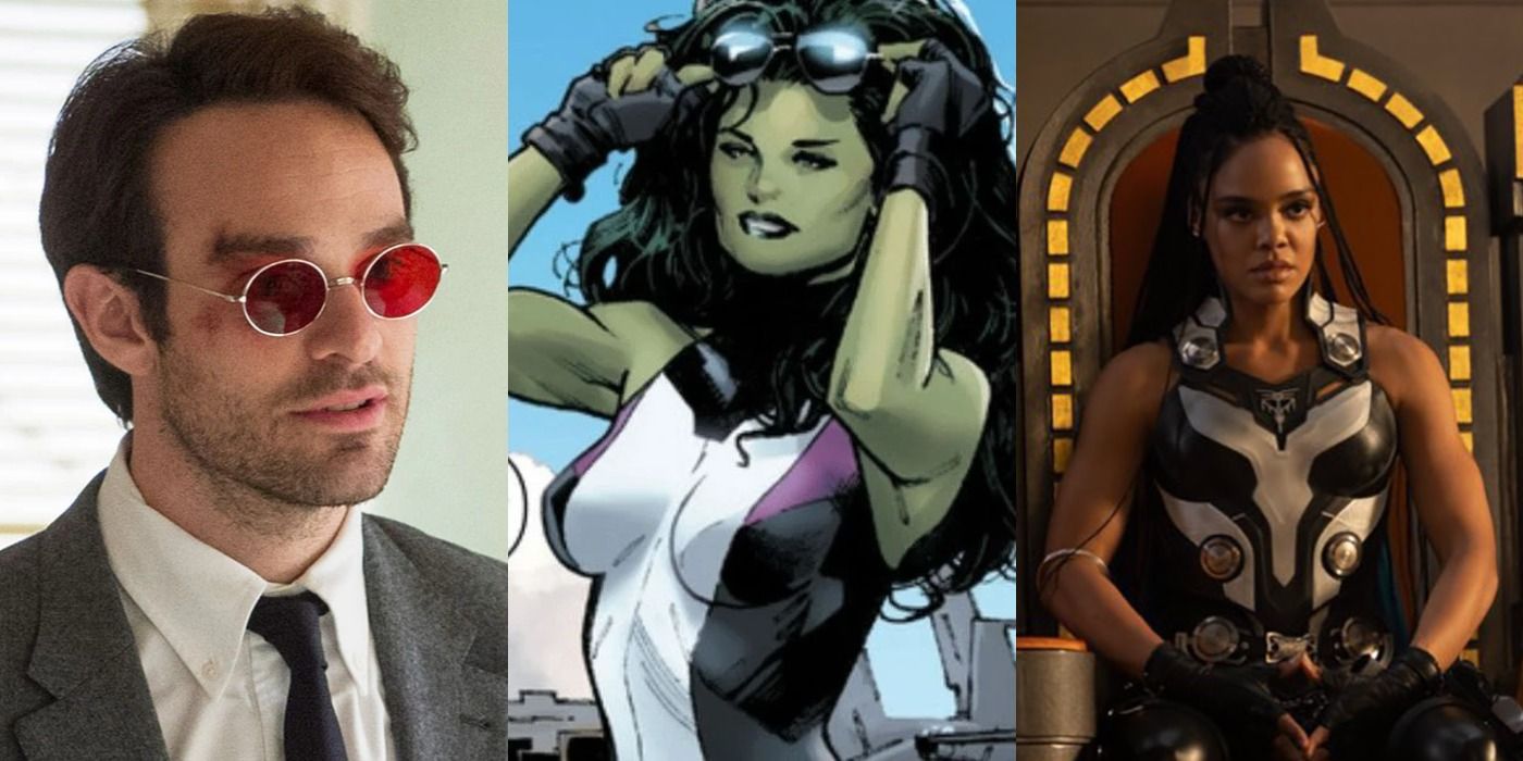 Split image of Matt Murdock, She-Hulk and Valkyrie feature