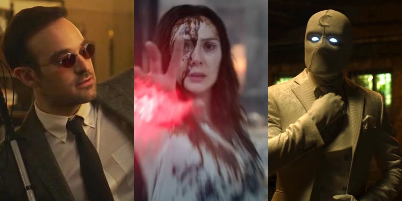 Split image of Matt Murdock in Spider-Man No Way Home, Wanda in Doctor Strange in the Multiverse of Madness, and Mr. Knight in Moon Knight