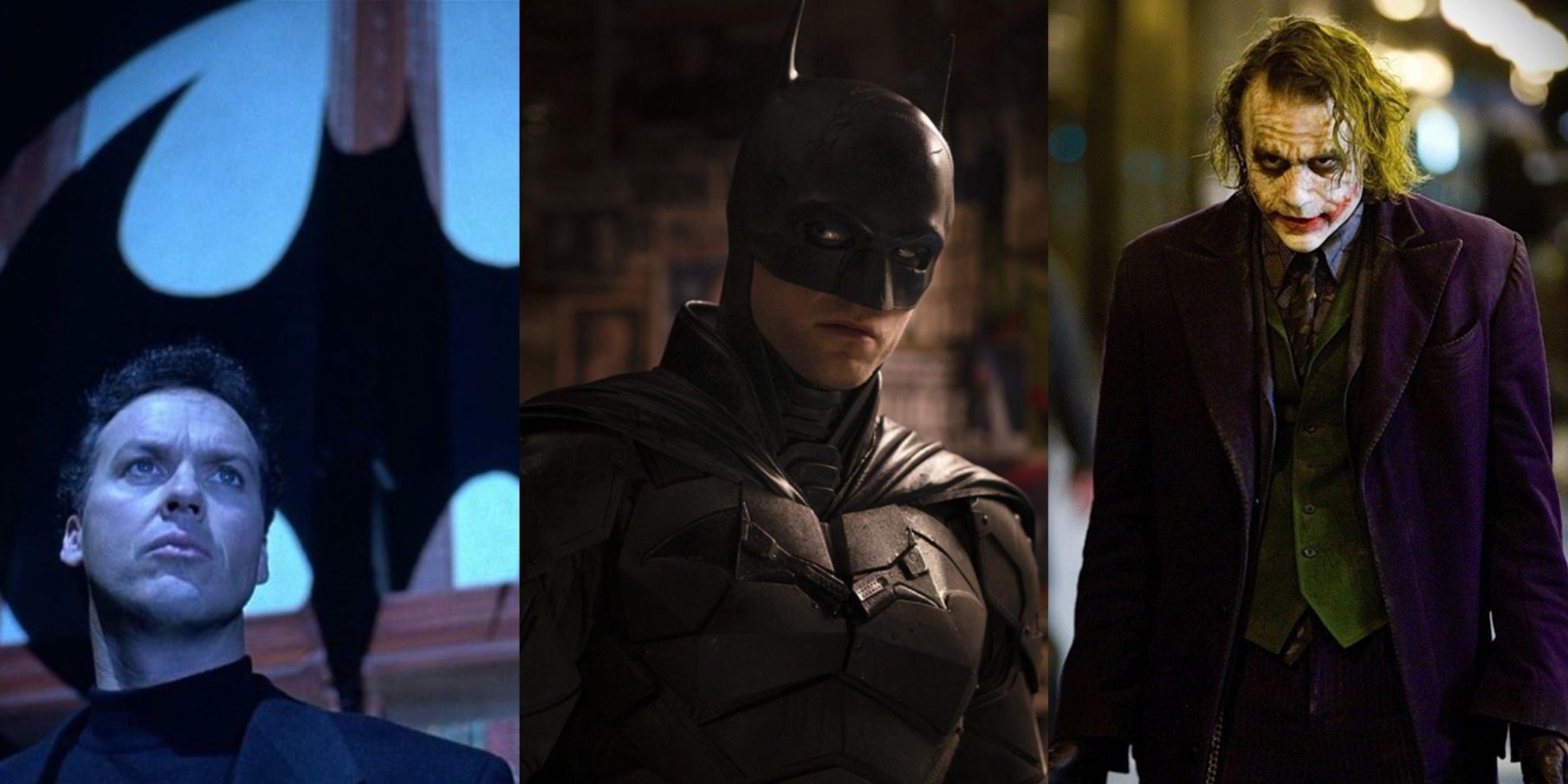 Split image of Michael Keaton in Batman Returns, Robert Pattinson in The Batman, and Heath Ledger in The Dark Knight