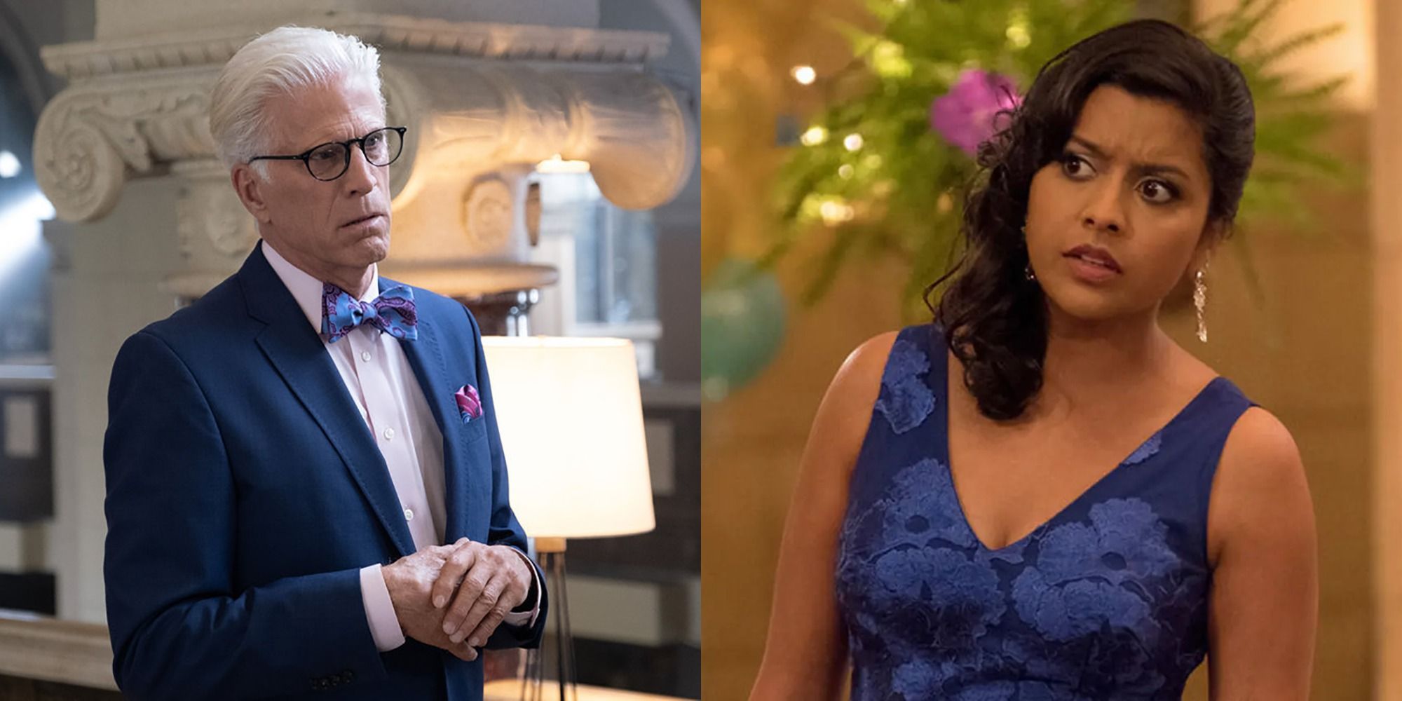 Split image of Michael and Vicky in The Good Place