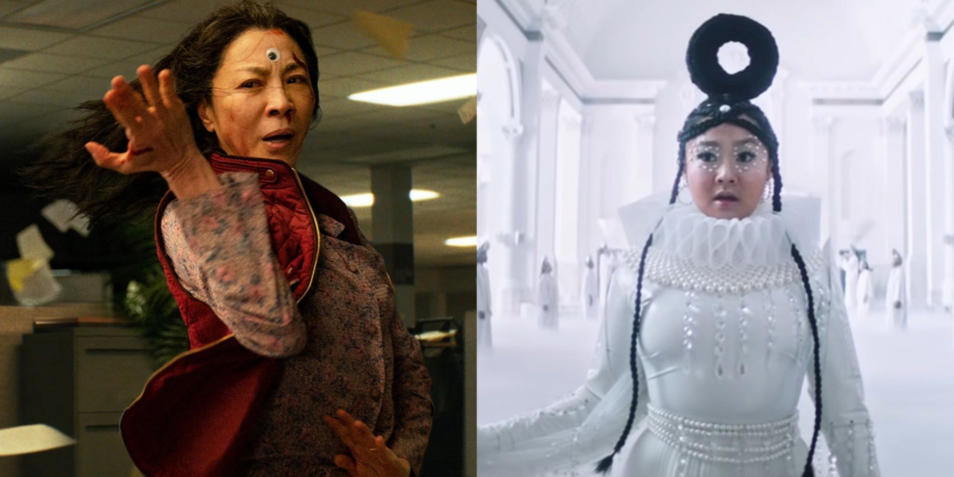 Split image of Michelle Yeoh with a googly third eye and Jobu Tupaki at the center of the universe in Everything Everywhere All at Once