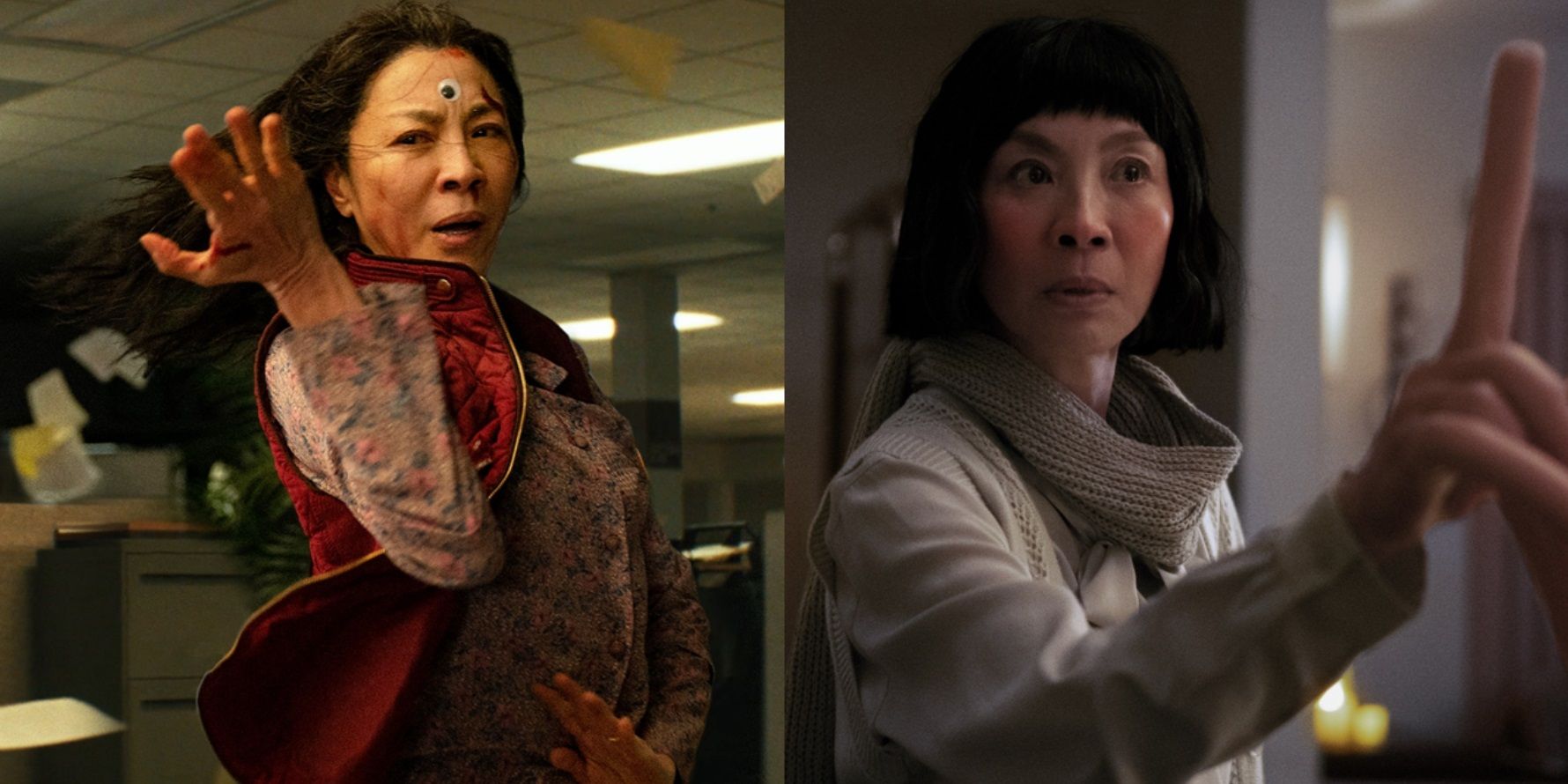 Split image of Michelle Yeoh with a googly third eye and with hot dog fingers in Everything Everywhere All at Once