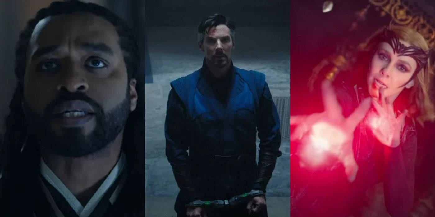 Split image of Mordo, Doctor Strange, and Wanda in Doctor Strange in the Multiverse of Madness