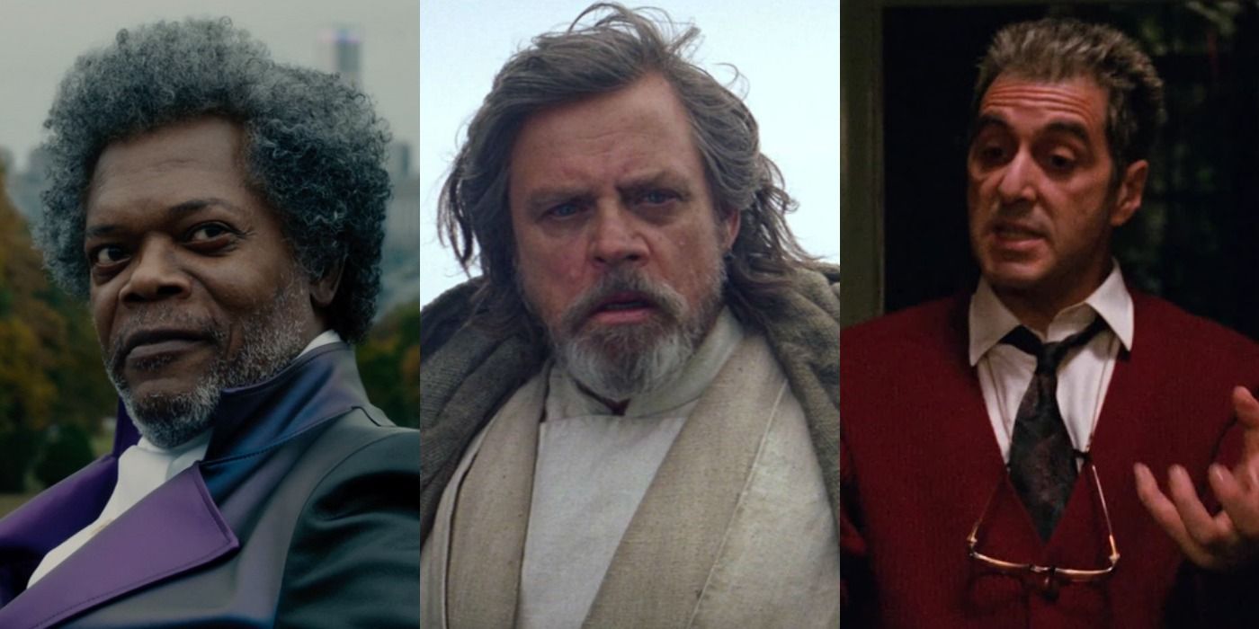 Split image of Mr. Glass in Glass, Luke in The Force Awakens, and Michael in The Godfather Part III