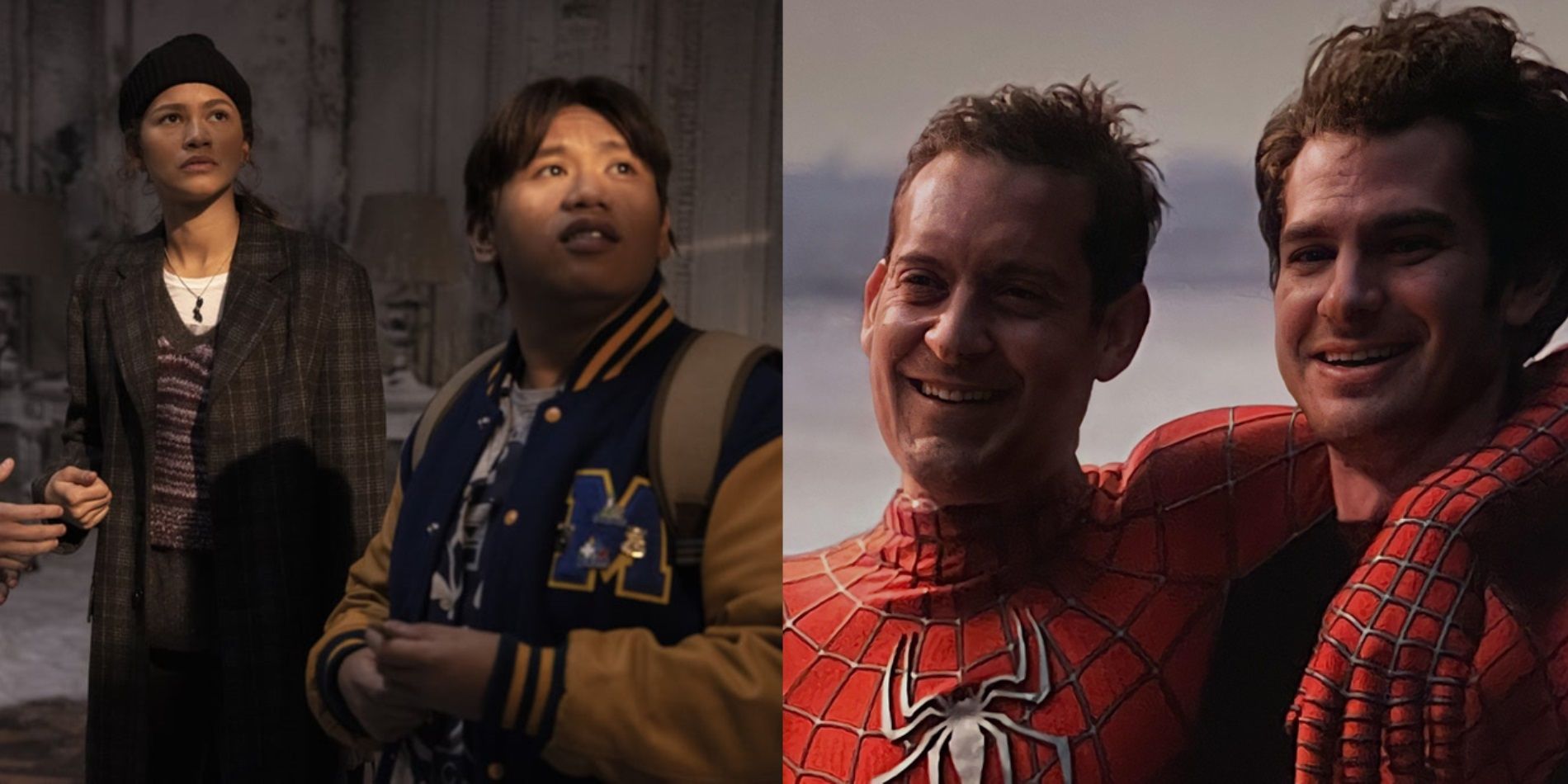 Split image of Ned and MJ in the Sanctum and the other Spider-Men in the final battle in Spider-Man No Way Home