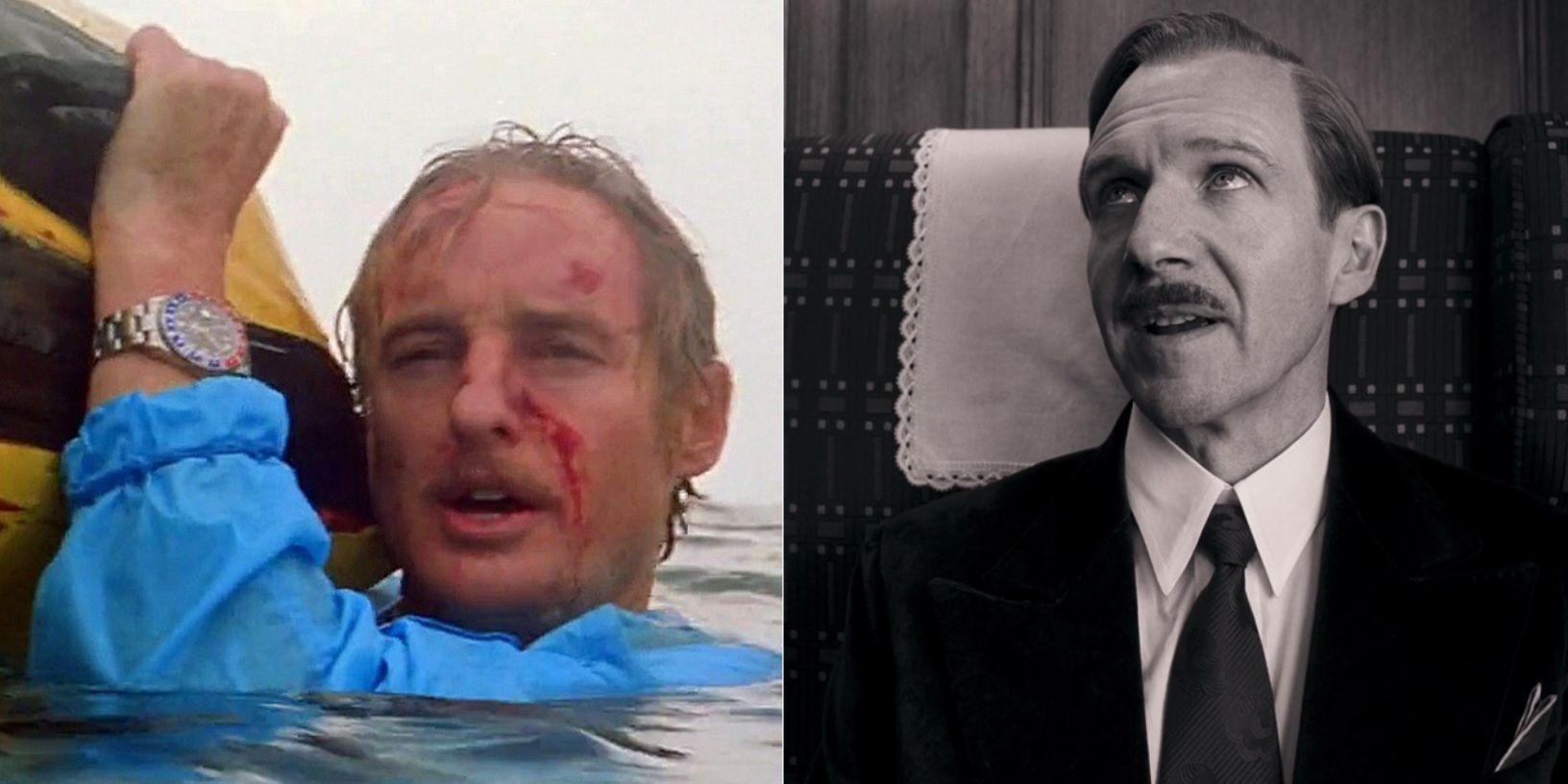 Split image of Ned dying in The Life Aquatic and M Gustave in black-and-white in The Grand Budapest Hotel
