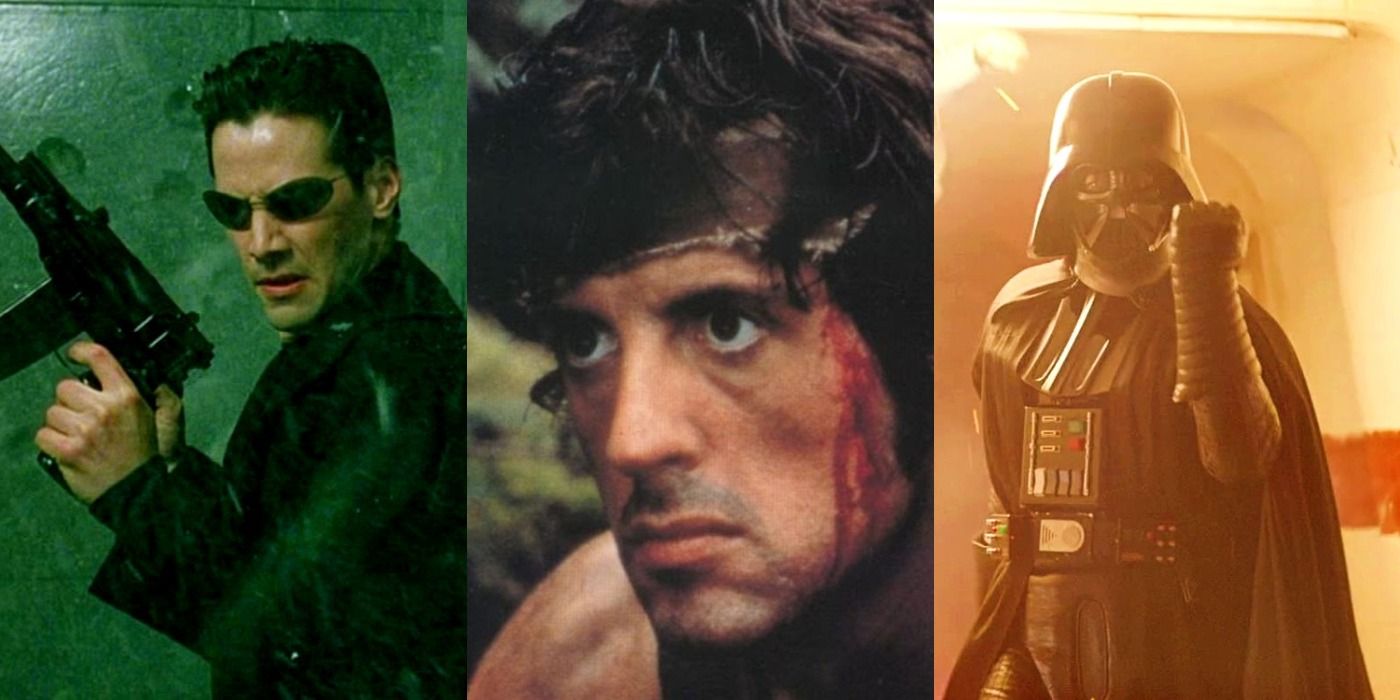 Split image of Neo in The Matrix, Rambo in First Blood, and Darth Vader in Rogue One
