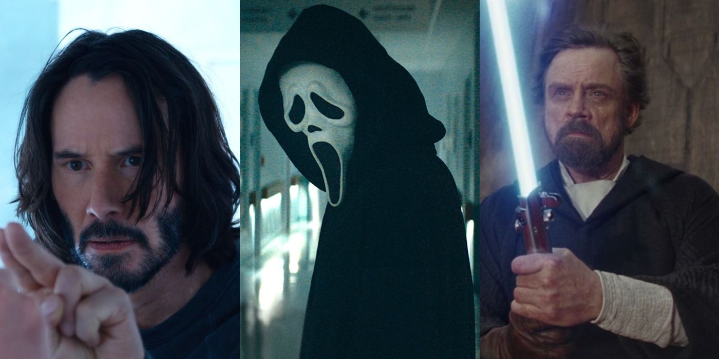 Split image of Neo in The Matrix Resurrection, Ghostface in Scream 5, and Luke in The Last Jedi
