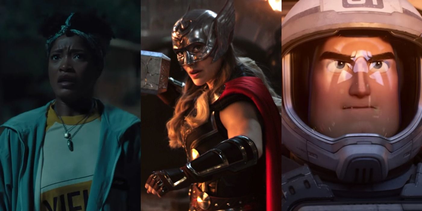 Split image of Nope, Thor Love and Thunder, and Lightyear