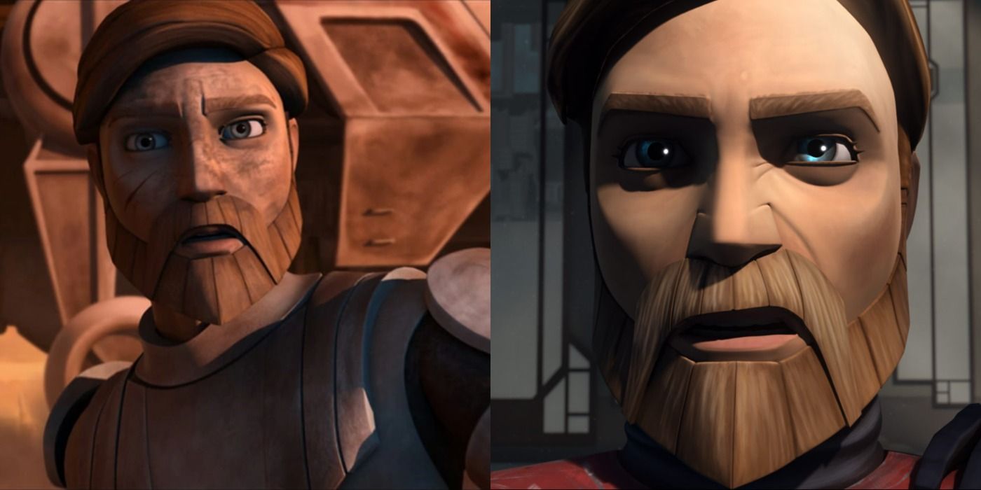 Split image of Obi-Wan Kenobi in Star Wars The Clone Wars