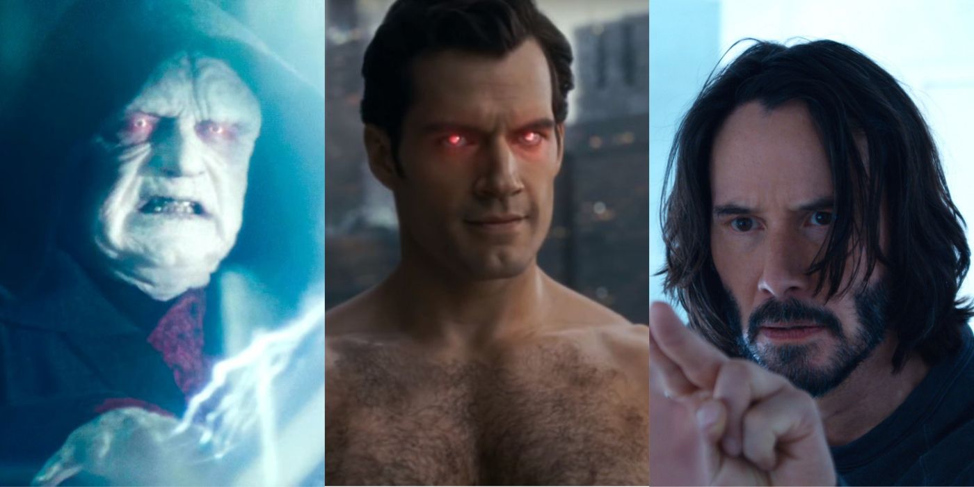 Split image of Palpatine in The Rise of Skywalker, Superman in Justice League, and Neo in The Matrix Resurrection
