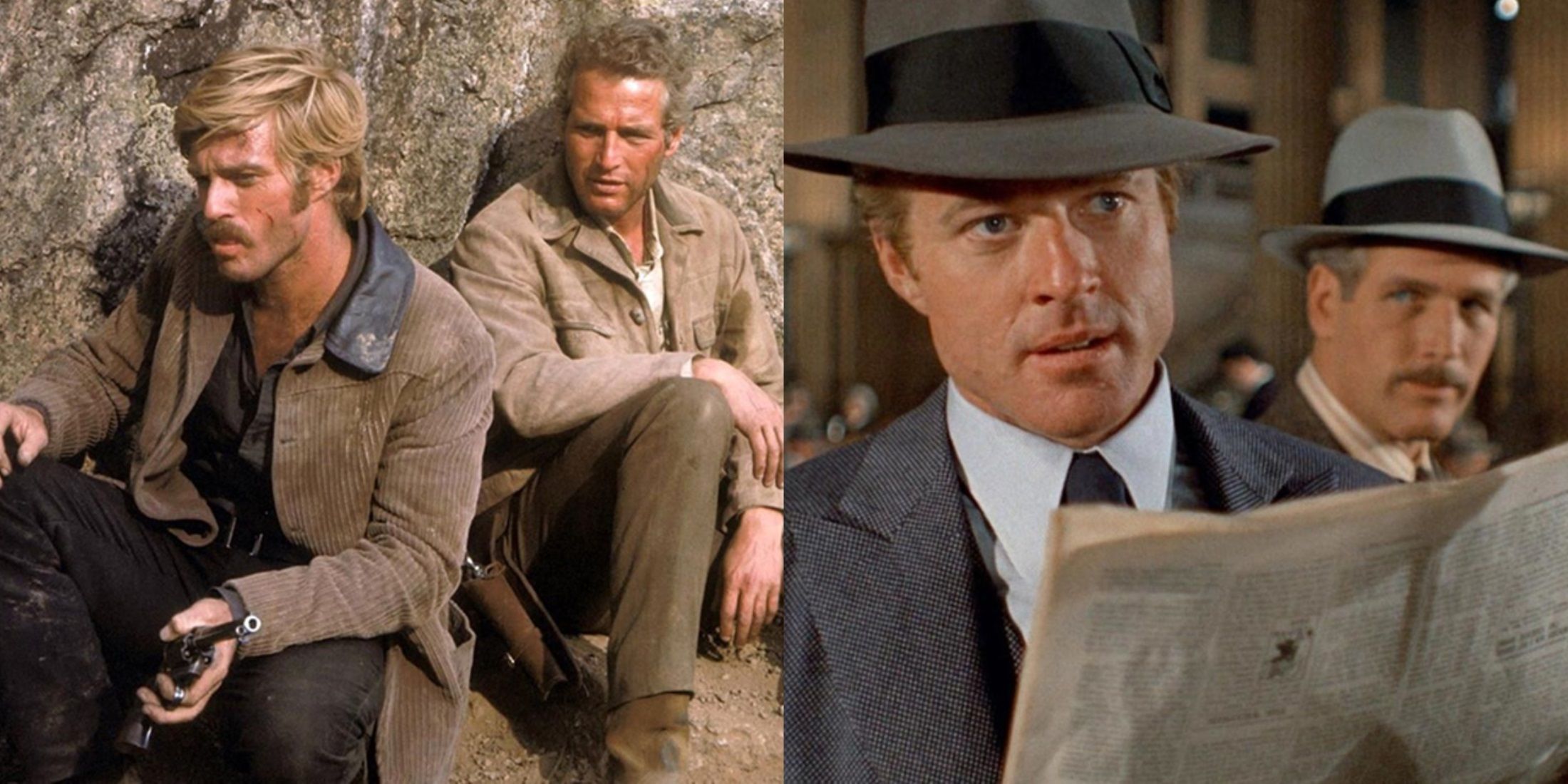 Split image of Paul Newman and Robert Redford in Butch Cassidy and the Sundance Kid and The Sting