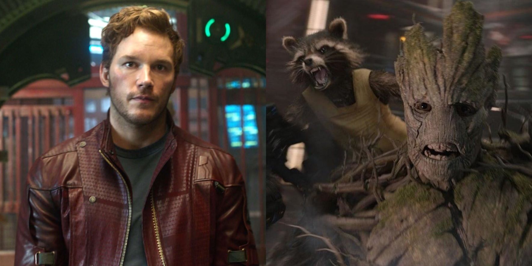 Split image of Peter Quill in a hallway and Rocket and Groot in prison in Guardians of the Galaxy