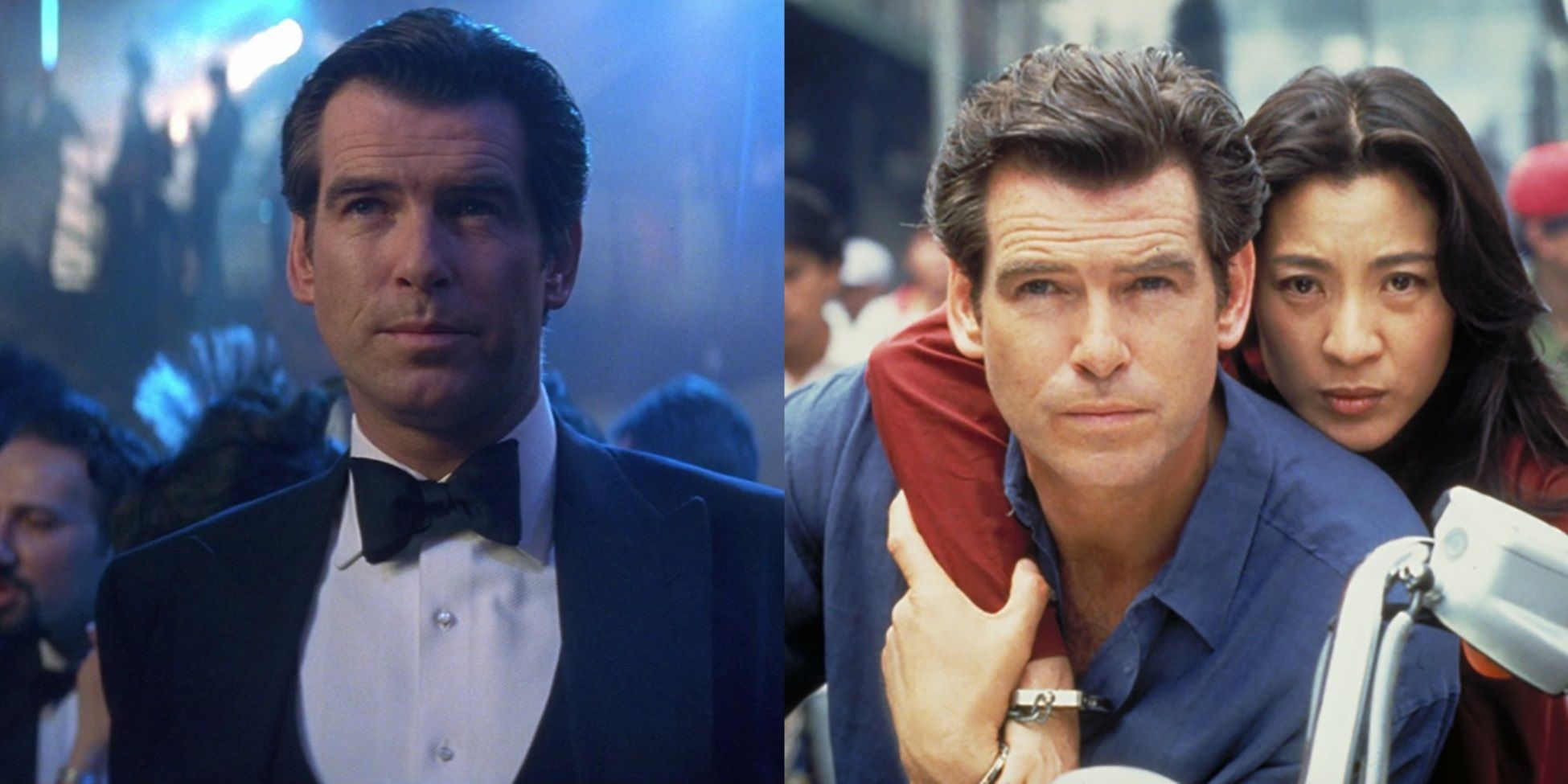 Split image of Pierce Brosnan wearing a tuxedo and riding a motorcycle in Tomorrow Never Dies