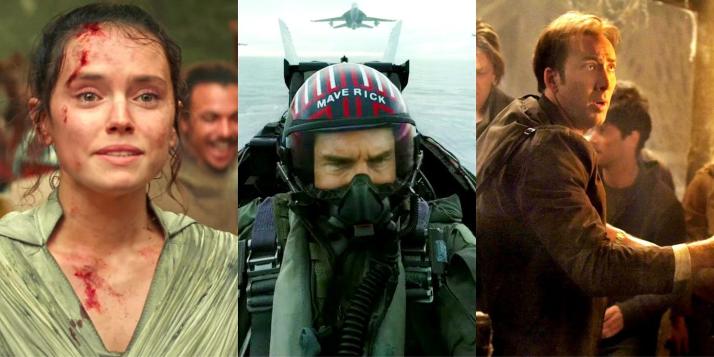 Split image of Rey in Star Wars The Rise of Skywalker, Maverick in Top Gun Maverick, and Ben in National Treasure
