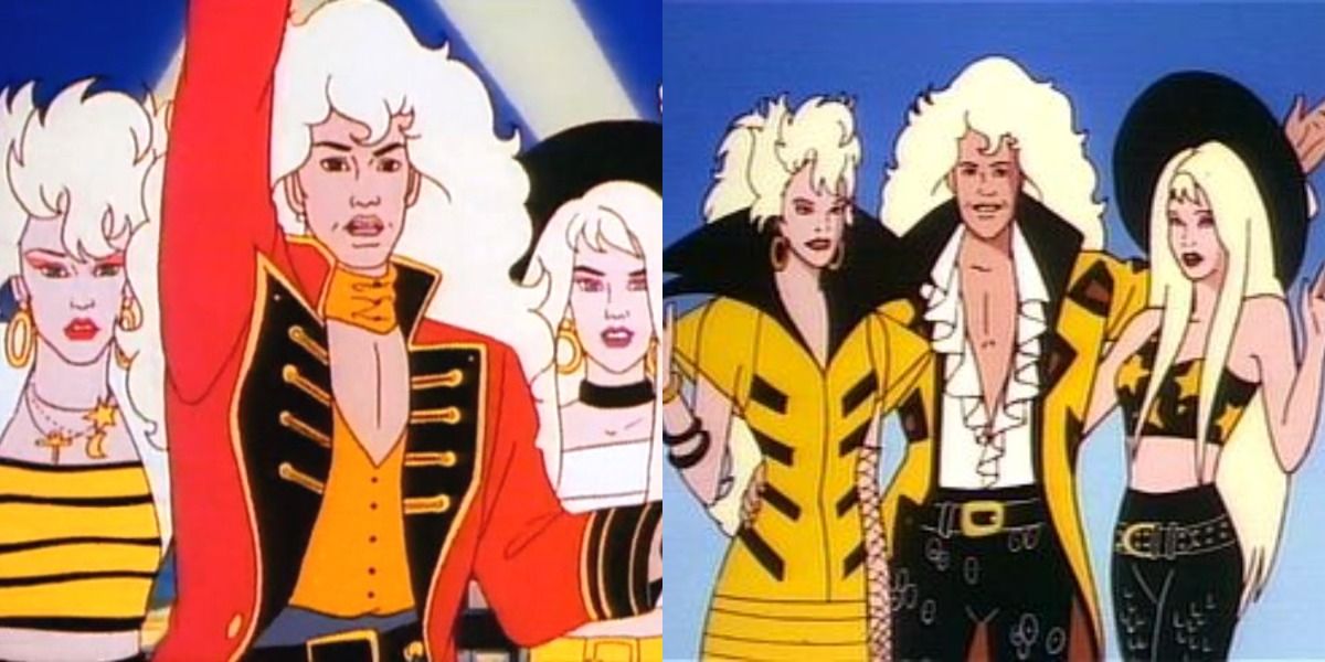 Split image of Riot, Minx, and Rapture as The Stingers in Jem and the Holograms