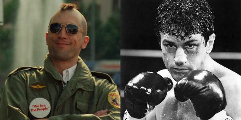 Split image of Robert De Niro in Taxi Driver and Raging Bull