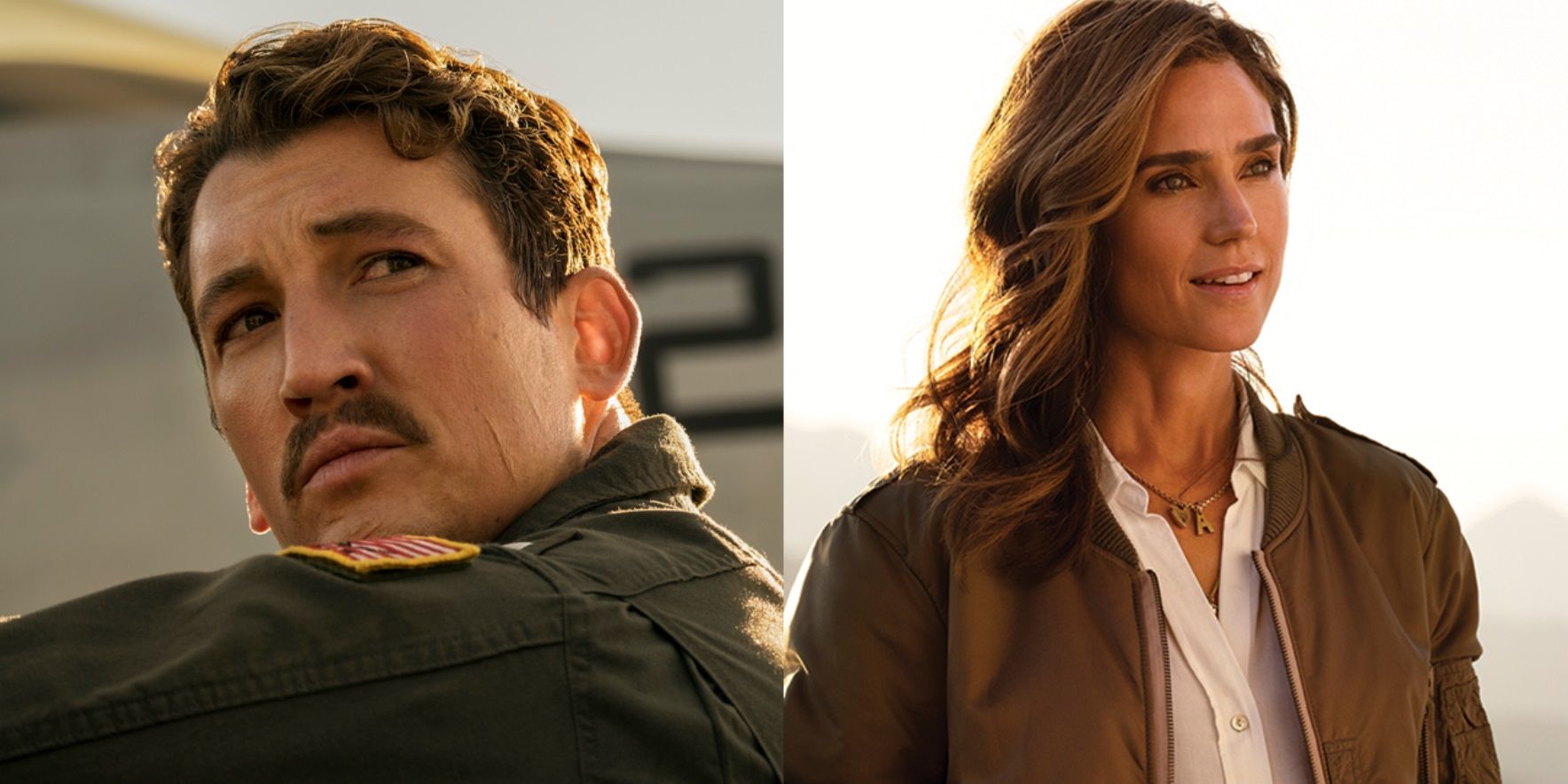 Split image of Rooster working on a plane and Penny standing in the desert in Top Gun Maverick